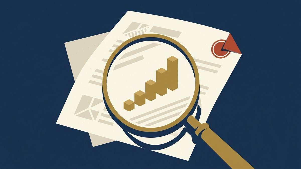 Flat editorial illustration of a magnifying glass over a cream policy statement on a navy field, revealing a rising staircase of gold blocks, with a small brick red stamp on the page corner.